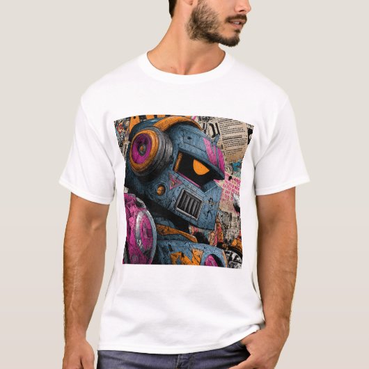 Gritty Graffiti Robot with Headphones — Street Art T-Shirt (Vorderseite)