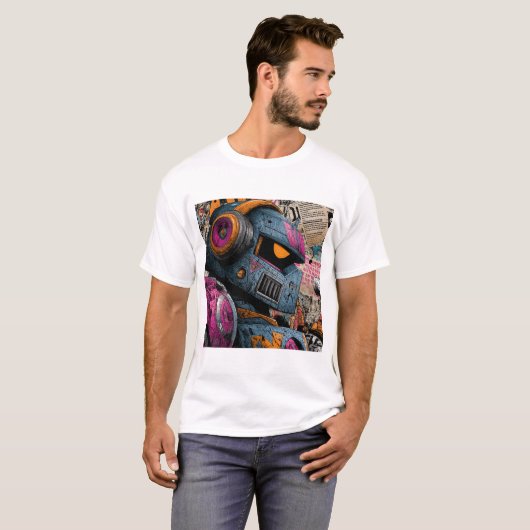 Gritty Graffiti Robot with Headphones — Street Art T-Shirt (Vorne ganz)