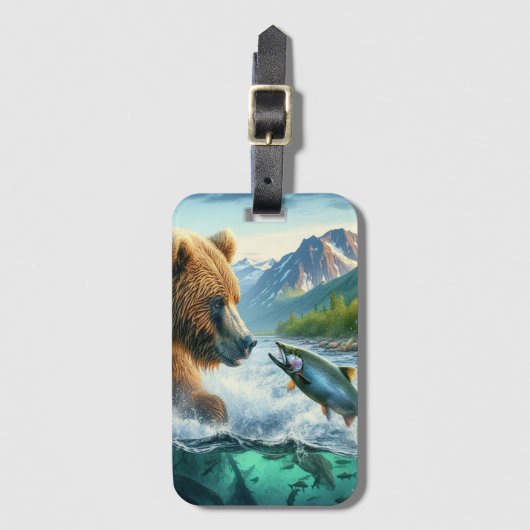 Grizzle Bären mit Forellenlachs Gepäckanhänger (Vorderseite Vertikal)