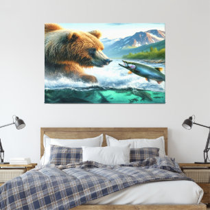 Grizzle Bären mit Forellenlachs Leinwanddruck