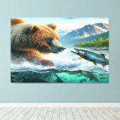 Grizzle Bären mit Forellenlachs Leinwanddruck (Insitu (Holzboden))