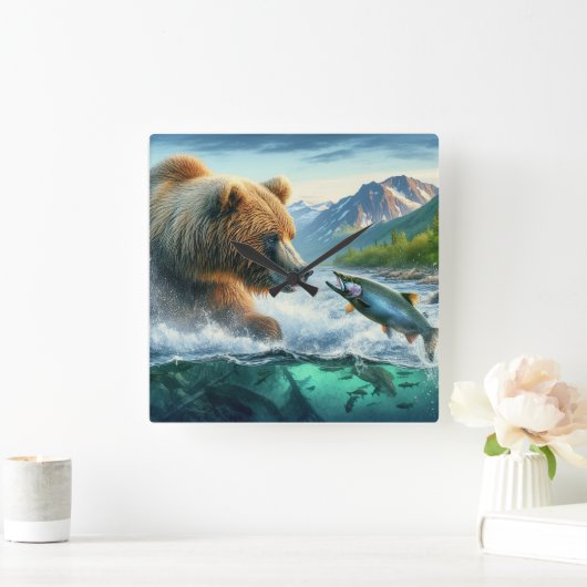 Grizzle Bären mit Forellenlachs Quadratische Wanduhr (Zuhause)