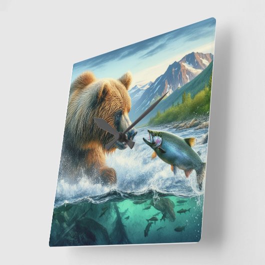 Grizzle Bären mit Forellenlachs Quadratische Wanduhr (Winkel)