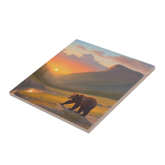 Grizzle Bear Sunset Forest Cabin Lodge Fliese (Seite)