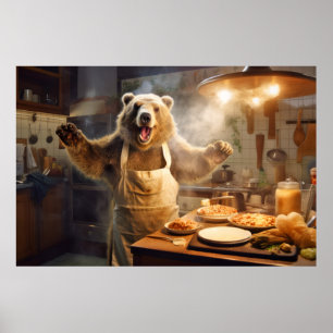 Grizzly Bär Animal Fun Kochen Küche glücklich Poster