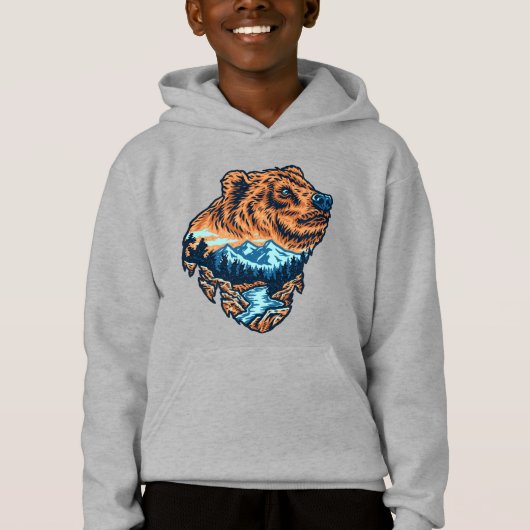 Grizzly Bär Head Silhouette Mountain Forest River Hoodie (Vorderseite)
