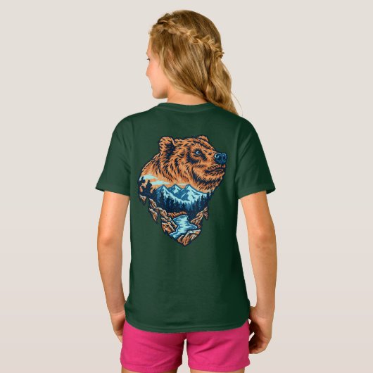 Grizzly Bär Head Silhouette Mountain Forest River T-Shirt (Schwarz voll)