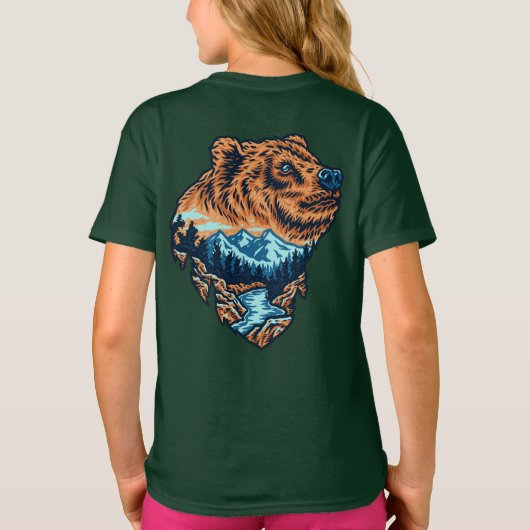 Grizzly Bär Head Silhouette Mountain Forest River T-Shirt (Rückseite)