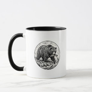 Grizzly-Bär-Lachs-Holzschnitt-Schwarze Akzent-Tass Tasse