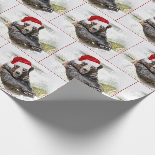 Grizzly Bär mit dem Weihnachtsmann-Hut Geschenkpapier (Ecke)