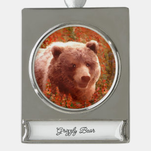 Grizzly Bären Cub in Fireweed Painting Wildlife Ar Banner-Ornament Silber