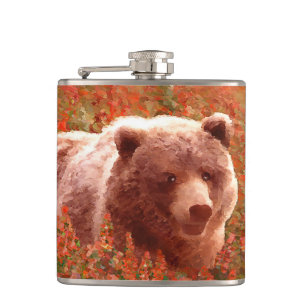 Grizzly Bären Cub in Fireweed Painting Wildlife Ar Flachmann