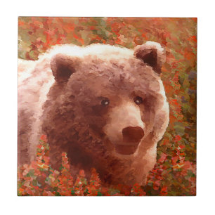 Grizzly Bären Cub in Fireweed Painting Wildlife Ar Fliese
