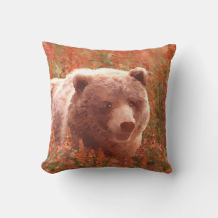 Grizzly Bären Cub in Fireweed Painting Wildlife Ar Kissen