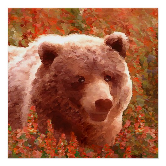 Grizzly Bären Cub in Fireweed Painting Wildlife Ar Poster (Vorderseite)