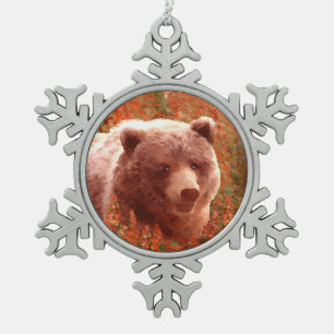 Grizzly Bären Cub in Fireweed Painting Wildlife Ar Schneeflocken Zinn-Ornament