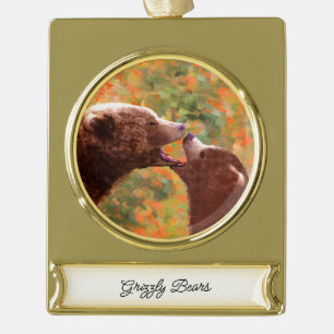 Grizzly Bären Mama und Cub Painting Art Banner-Ornament Gold