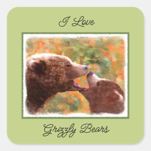 Grizzly Bären Mama und Cub Painting Art Quadratischer Aufkleber