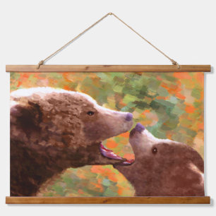 Grizzly Bären Mama und Cub Painting Art Wandteppich Mit Holzrahmen