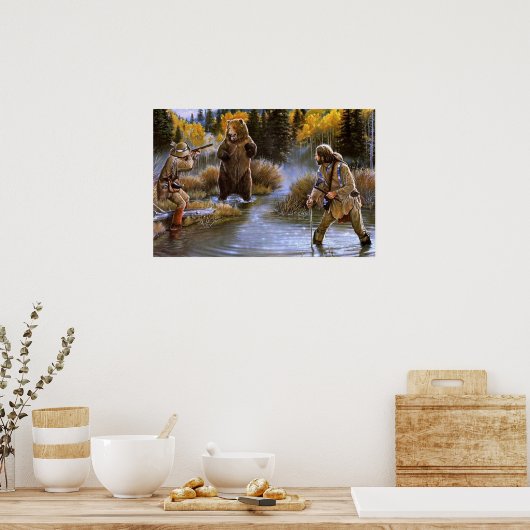 Grizzly Bear attackiert Frontiersmen Wildnis Poster (Küche)