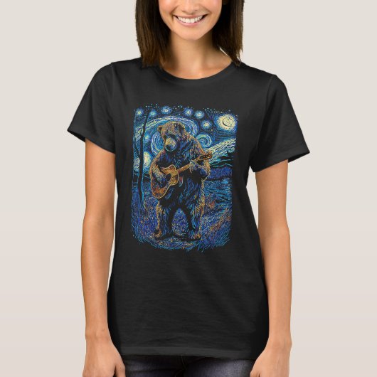 Grizzly Bear Blues Bear Guitar Player Night Sky T-Shirt (Vorderseite)