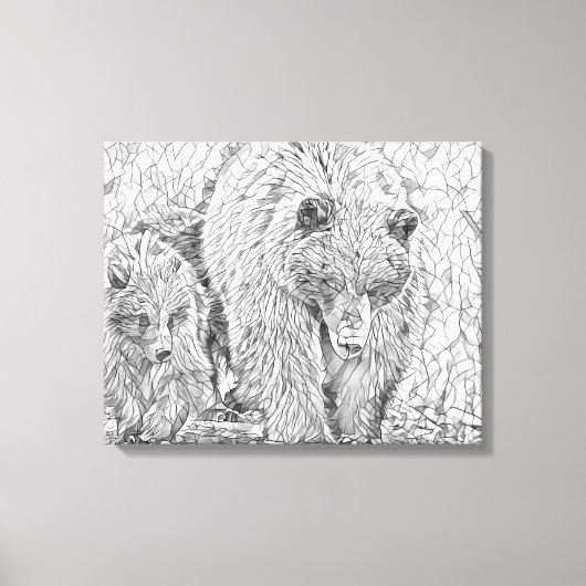 Grizzly Bear & Cub Gray scale abstract coloring  Leinwanddruck (Vorderseite)