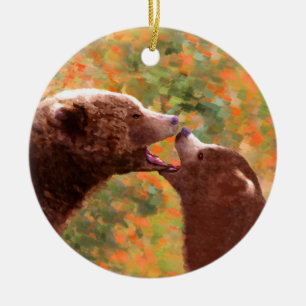 Grizzly Bear Mama and Cub Painting - Wildlife Art Keramik Ornament