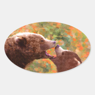 Grizzly Bear Mama and Cub Painting - Wildlife Art Ovaler Aufkleber