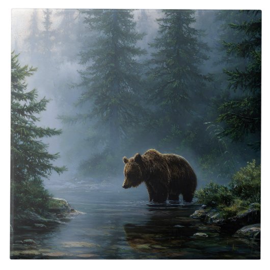 Grizzly Bear Misty Forest Fliese (Vorderseite)