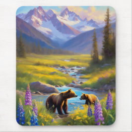 Grizzly Bear Mountain Wildblumen Malerei Mousepad