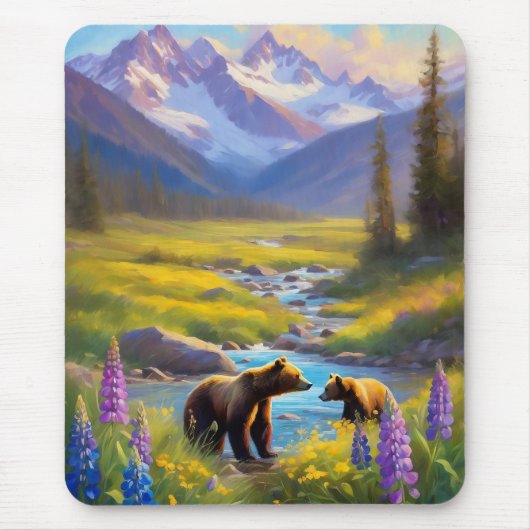 Grizzly Bear Mountain Wildblumen Malerei Mousepad (Vorne)