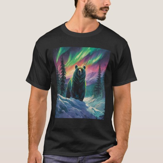 Grizzly Bear Under the Northern Lights Wild Nature T-Shirt (Vorderseite)