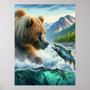 Grizzly Bears mit Forellenlachs 18x24 Poster