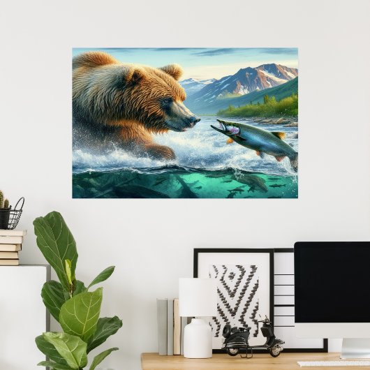 Grizzly Bears mit Forellenlachs 36x24 Poster (Heimbüro)