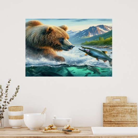 Grizzly Bears mit Forellenlachs 36x24 Poster (Küche)