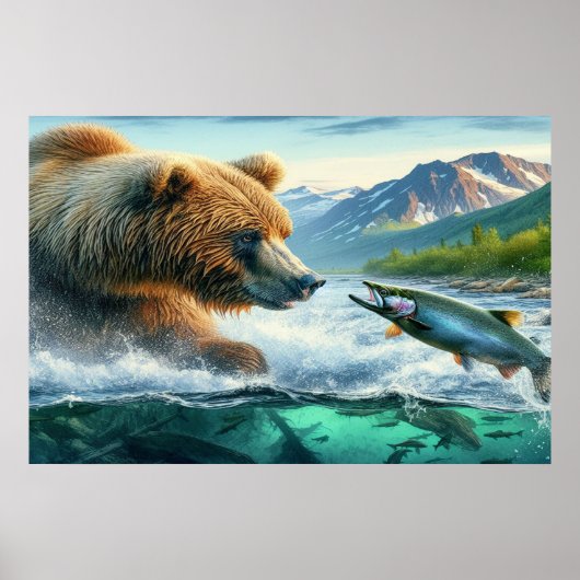 Grizzly Bears mit Forellenlachs 36x24 Poster (Vorne)