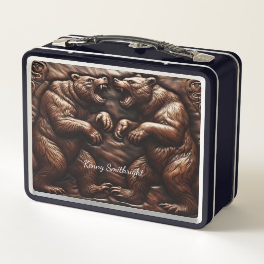 Grizzly mit Ledergravur: Wilder Power Metall Brotdose (Rückseite)