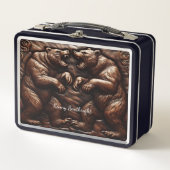 Grizzly mit Ledergravur: Wilder Power Metall Brotdose (Vorderseite)