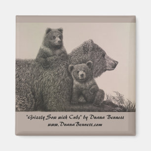 "Grizzly Sow with Cubs" zeichnend auf einem Magnet