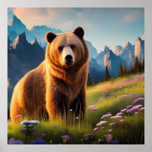 Grizzlybär auf dem Berg in Blume Poster