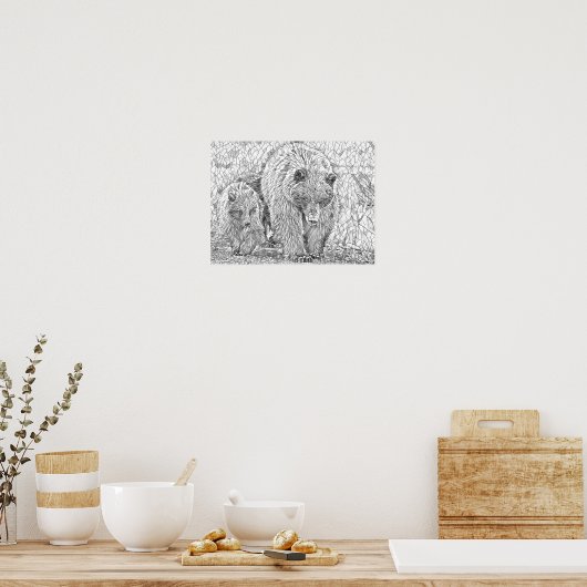Grizzlybär & Cub Grau-Maßstab abstrakte Färbung Poster (Küche)