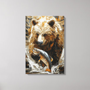 Grizzlybär fischt im dynamischen Impasto-Stil Leinwanddruck