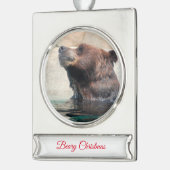 Grizzlybär im Wasser Banner-Ornament Silber (Links)