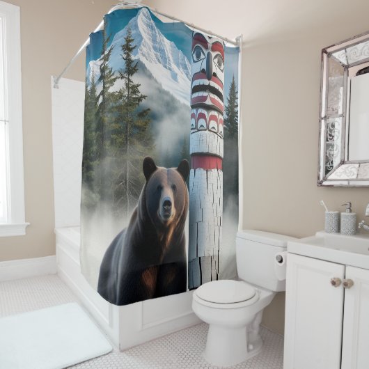 Grizzlybär mit Totem Pole Art Duschvorhang (Beispiel)