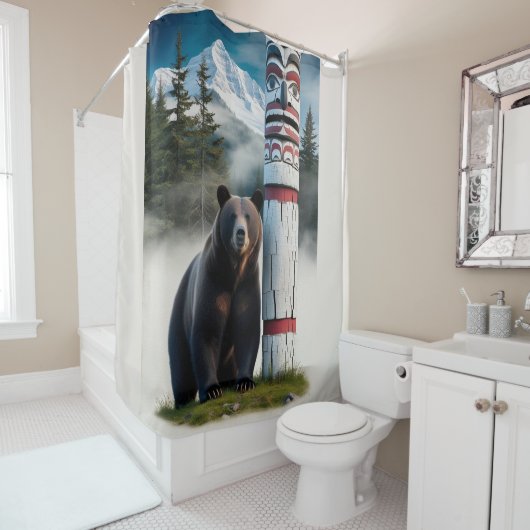 Grizzlybär mit Totem Pole Art Duschvorhang (Beispiel)