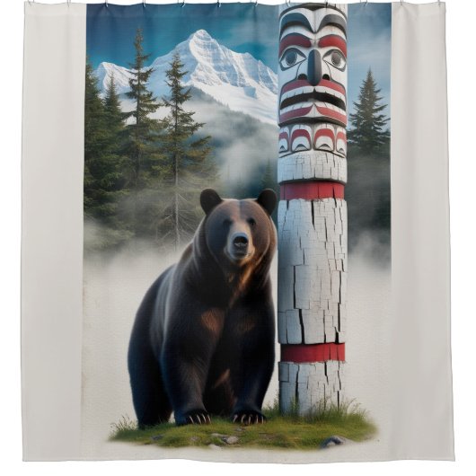 Grizzlybär mit Totem Pole Art Duschvorhang (Vorderseite)