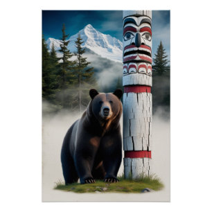 Grizzlybär mit Totem Pole Art Poster