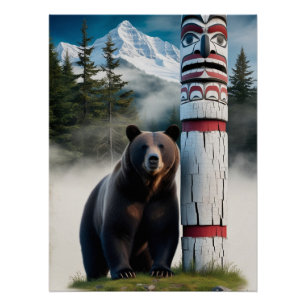 Grizzlybär mit Totem Pole Art Poster