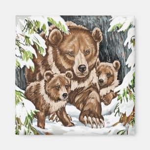Grizzlybär-Mutter und CUB im Winter Magnet
