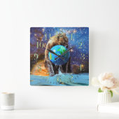 Grizzlybär & Planet Earth Fantasy Art Clock Quadratische Wanduhr (Zuhause)